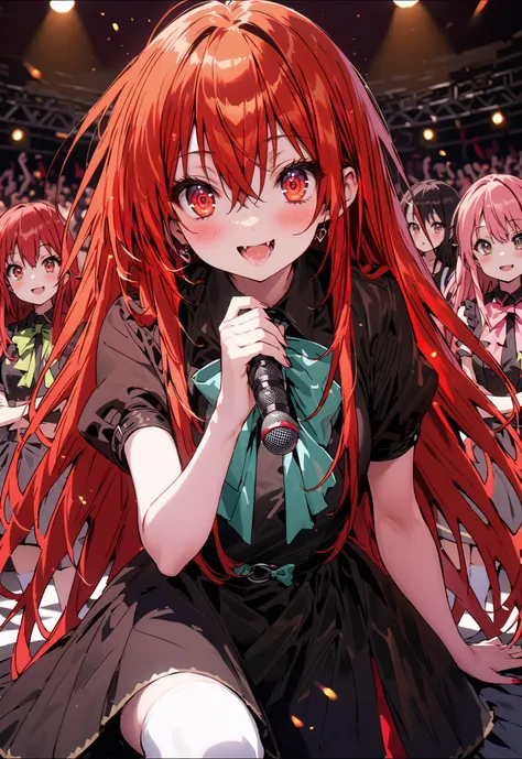 score_9, score_8_up, score_7_up, source_anime,,Shana , very long hair, red hair, red eyes, stupid hair,small, small ,smile,blush,open your mouth,idol costume,dress,collared dress,jacket,cropped jacket,Short sleeve,bowtie,bow,button,villages with,(white kne...