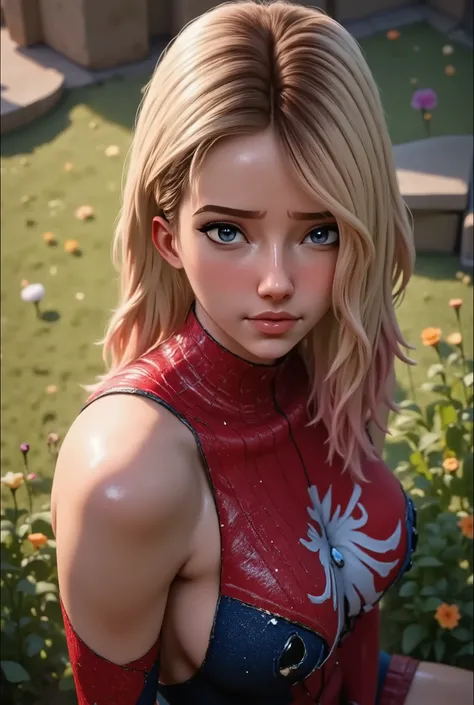 Ultra-detailed 4K close-up portrait of Gwen Stacy in her Spider-Woman suit, sitting in a tranquil garden bathed in golden sunlight, soft breeze moving strands of her blonde hair, mask pulled up to her nose, gentle smile on her lips, eyes filled with calm a...