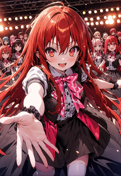 score_9, score_8_up, score_7_up, source_anime,,Shana , very long hair, red hair, red eyes, stupid hair,small, small ,smile,blush,open your mouth,idol costume,dress,collared dress,jacket,cropped jacket,Short sleeve,bowtie,bow,button,villages with,(white kne...