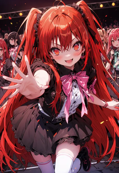 score_9, score_8_up, score_7_up, source_anime,,Shana ,solo, very long hair, red hair, red eyes, stupid hair,small, small ,smile,blush,open your mouth,idol costume,dress,collared dress,jacket,cropped jacket,Short sleeve,bowtie,bow,button,villages with,(whit...