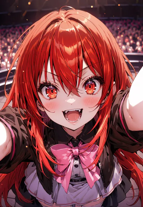 score_9, score_8_up, score_7_up, source_anime,,Shana ,solo, very long hair, red hair, red eyes, stupid hair,small, small ,smile,blush,open your mouth,idol costume,dress,collared dress,jacket,cropped jacket,Short sleeve,bowtie,bow,button,villages with,(whit...
