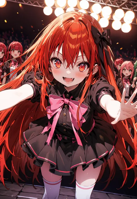 score_9, score_8_up, score_7_up, source_anime,,Shana ,solo, very long hair, red hair, red eyes, stupid hair,small, small ,smile,blush,open your mouth,idol costume,dress,collared dress,jacket,cropped jacket,Short sleeve,bowtie,bow,button,villages with,(whit...