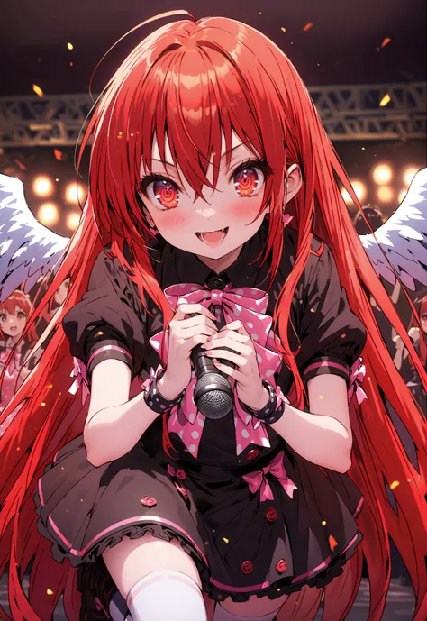 score_9, score_8_up, score_7_up, source_anime,,Shana ,solo, very long hair, red hair, red eyes, stupid hair,small, small ,smile,blush,open your mouth,idol costume,dress,collared dress,jacket,cropped jacket,Short sleeve,bowtie,bow,button,villages with,(whit...
