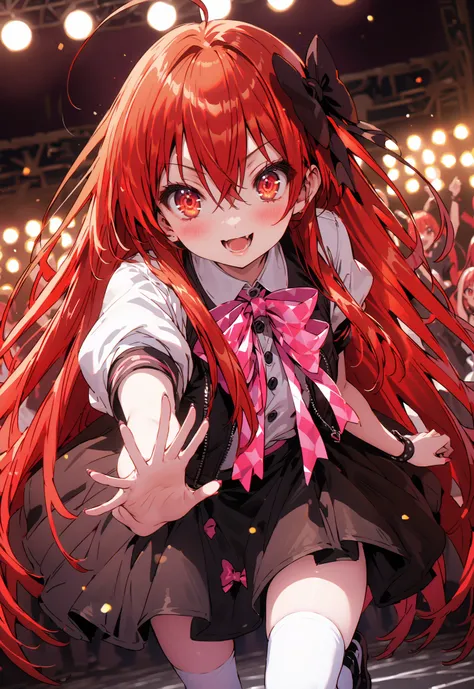 score_9, score_8_up, score_7_up, source_anime,,Shana ,solo, very long hair, red hair, red eyes, stupid hair,small, small ,smile,blush,open your mouth,idol costume,dress,collared dress,jacket,cropped jacket,Short sleeve,bowtie,bow,button,villages with,(whit...