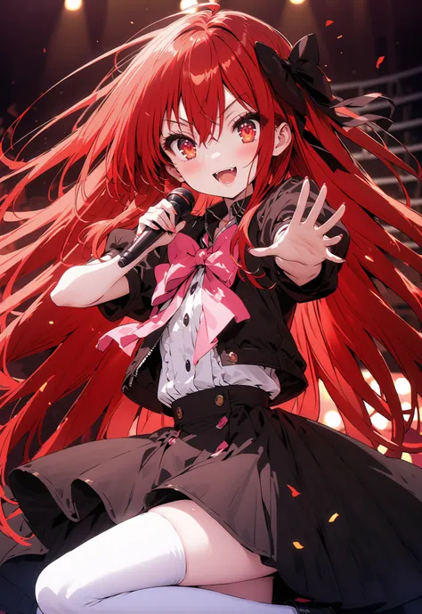 score_9, score_8_up, score_7_up, source_anime,,Shana ,solo, very long hair, red hair, red eyes, stupid hair,small, small ,smile,blush,open your mouth,idol costume,dress,collared dress,jacket,cropped jacket,Short sleeve,bowtie,bow,button,villages with,(whit...