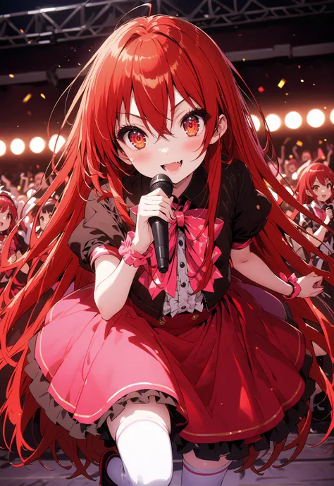 score_9, score_8_up, score_7_up, source_anime,,Shana ,solo, very long hair, red hair, red eyes, stupid hair,small, small ,smile,blush,open your mouth,idol costume,dress,collared dress,jacket,cropped jacket,Short sleeve,bowtie,bow,button,villages with,(whit...