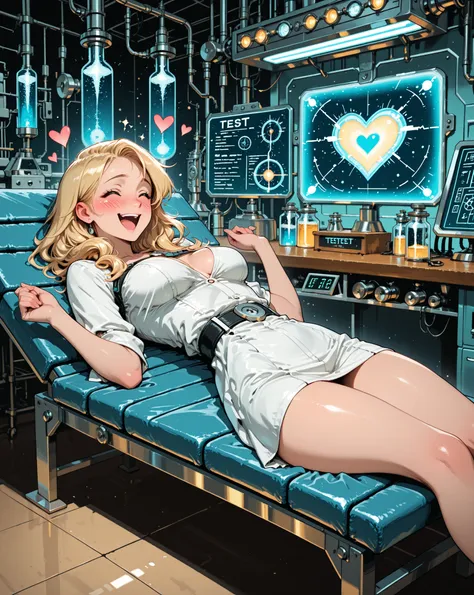 masterpiece, test bench as a science experiment, happy, excited, Beautiful woman tied to a, Secret Laboratory , mad scientist, medium breasts, test bench lying on a. blondes,embarrassing、Heart pounding、blush