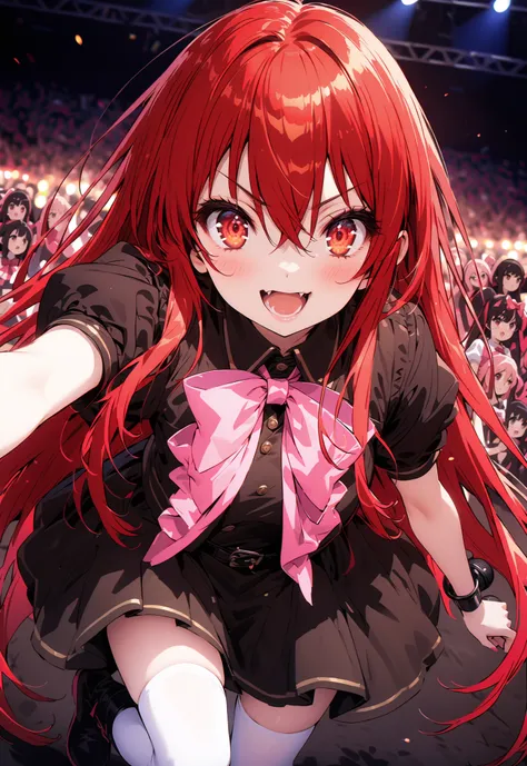 score_9, score_8_up, score_7_up, source_anime,,Shana ,solo, very long hair, red hair, red eyes, stupid hair,small, small ,smile,blush,open your mouth,idol costume,dress,collared dress,jacket,cropped jacket,Short sleeve,bowtie,bow,button,villages with,(whit...