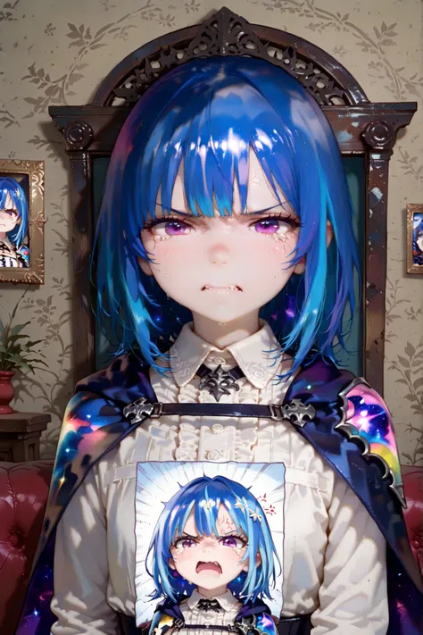 masterpiece, best quality, detailed eyes, semi realistic, 8k, girl, pretty, purple eye, galaxy shoulder cape, glum, medieval white dress shirts, medium hair, angry, multicolored hair(black and slightly blue hair: 1.3), looking at viewer, fantasy, wood livi...