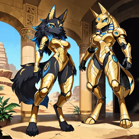 Anime style, masterpiece, best quality, full body picture, centered, three-quarters view, 1girl, furry, tall, anthro, female wolf, (jackal ears), digitigrade legs, black fur, (long black hair with blue highlights), blue eyes, perfect eyes, black sclera, go...