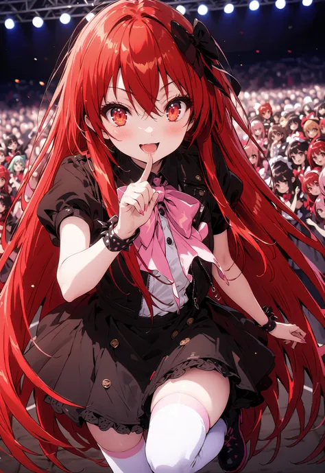 score_9, score_8_up, score_7_up, source_anime,,Shana ,solo, very long hair, red hair, red eyes, stupid hair,small, small ,smile,blush,open your mouth,idol costume,dress,collared dress,jacket,cropped jacket,Short sleeve,bowtie,bow,button,villages with,(whit...