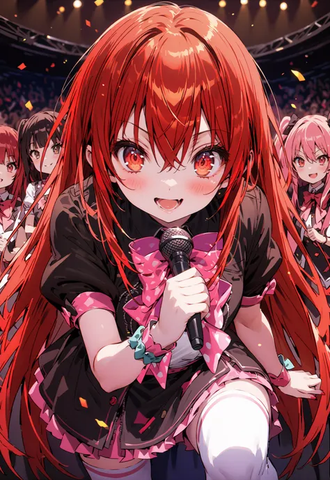 score_9, score_8_up, score_7_up, source_anime,,Shana ,solo, very long hair, red hair, red eyes, stupid hair,small, small ,smile,blush,open your mouth,idol costume,dress,collared dress,jacket,cropped jacket,Short sleeve,bowtie,bow,button,villages with,(whit...
