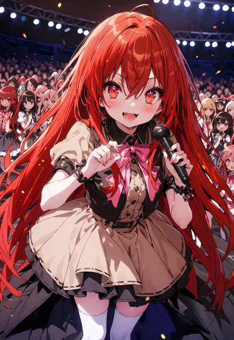 score_9, score_8_up, score_7_up, source_anime,,Shana ,solo, very long hair, red hair, red eyes, stupid hair,small, small ,smile,blush,open your mouth,idol costume,dress,collared dress,jacket,cropped jacket,Short sleeve,bowtie,bow,button,villages with,(whit...