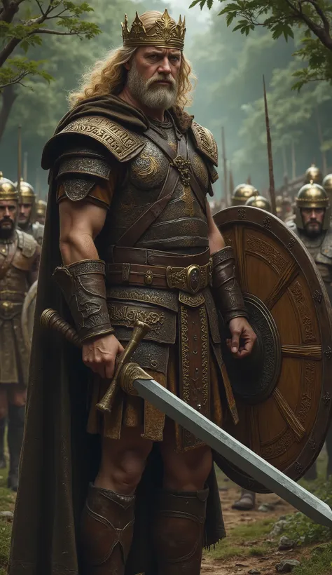 ancient  Briton general ,  King of Author ,Front view, White man, 40-age,(golden middle hair,  curl hair, middle beard, beautiful blue eye,  gold decoration crown) , beige Tunica,  Roman type leather body protector with emboss Thor design , hand leather pr...