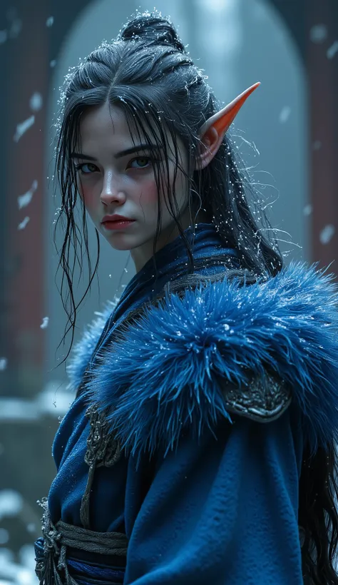 ((masterpiece, best quality, high resolution)), Oni Oni, ( realistic: 1.4), Alone, blue yukata kyudo,Temple,Full moon night, blue furry sleeve,Demon&#39;s Appearance、Battle stance、 female incarnation、 Confronting Attitude、 Open Your Mouth 、 is staring、Angr...