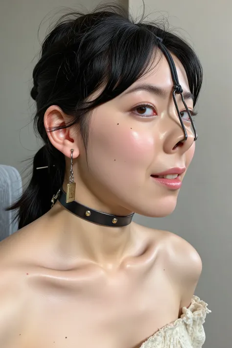 A high resolution photograph of a Japanese adult woman, masterpiece, photo-realistic, natural lighting, film grain, portrait, fashion shoot, solo, 1girl, off-shoulder dress, medium black hair tied back, detailed face, detailed eyes, sophisticated nose, pal...