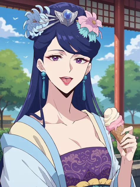 (best quality, masterpiece),Pear Blossom,Every Single Person at the Drugstore,Sleeveless,long hair, purple eyes, purple hair, flower, earrings, hair flower, lipstick,Chest, Jewelry, Chinese clothing, Hanfu,Outdoors,garden,smile,(viewers on my mom), open y...