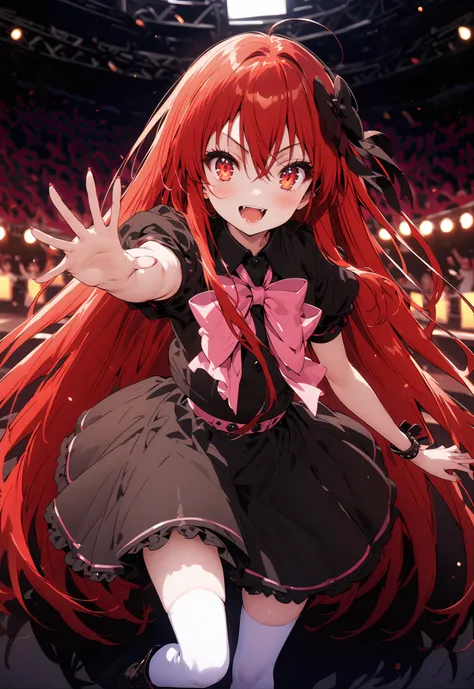 score_9, score_8_up, score_7_up, source_anime,,Shana ,solo, very long hair, red hair, red eyes, stupid hair,small, small ,smile,blush,open your mouth,idol costume,dress,collared dress,jacket,cropped jacket,Short sleeve,bowtie,bow,button,villages with,(whit...
