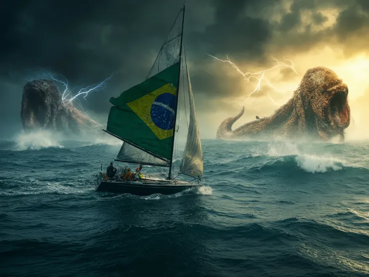 A heroic Brazilian sailboat with the national flag fluttering, helmed by a lone Olympic sailor wearing a sleek wetsuit with Brazil's colors, braving a colossal storm at sea. Gigantic krakens rise from the raging ocean, their glowing eyes and twisting tenta...
