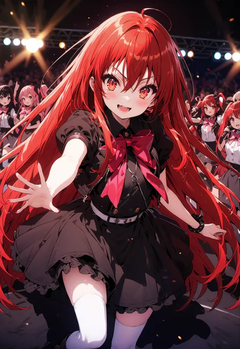 score_9, score_8_up, score_7_up, source_anime,,Shana ,solo, very long hair, red hair, red eyes, stupid hair,small, small ,smile,blush,open your mouth,idol costume,dress,collared dress,jacket,cropped jacket,Short sleeve,bowtie,bow,button,villages with,(whit...