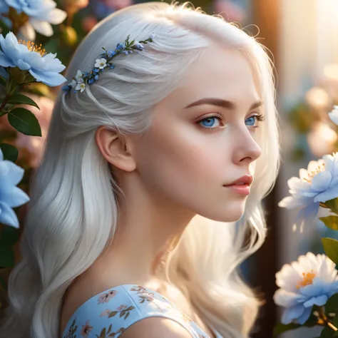 white hair, Girl, profile photo , Blue eyes, high quality image, realistic, фотоrealisticе, detailed study, portrait, warm lighting, floral background , soft focus, detailed, perfect quality, 8K, deep sharpness, smooth transitions, elegant, gentle, pure...