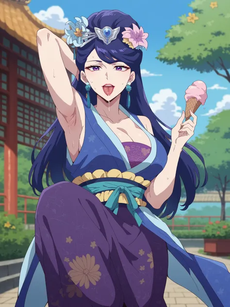 (best quality, masterpiece),Pear Blossom,Every Single Person at the Drugstore,armpits,Sleeveless,long hair, purple eyes, purple hair, flower, earrings, hair flower, lipstick,Chest, Jewelry, Chinese clothing, Hanfu,Outdoors,garden,smile,indoor, big breasts...