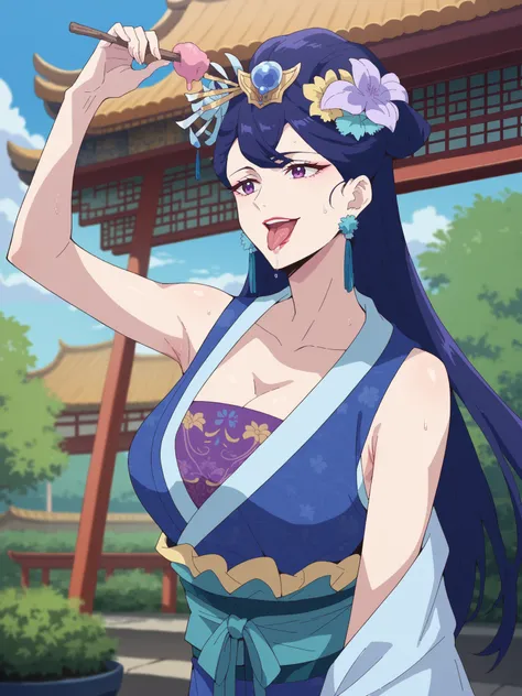 (best quality, masterpiece),Pear Blossom,Every Single Person at the Drugstore,armpits,Sleeveless,long hair, purple eyes, purple hair, flower, earrings, hair flower, lipstick,Chest, Jewelry, Chinese clothing, Hanfu,Outdoors,garden,smile,indoor, big breasts...
