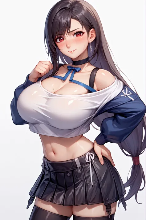 score_9, score_8_up, score_7_up, score_6_up, source_anime, 1girl, solo,  7rtif, red eyes, low-tied long hair, black hair, earrings,, pleated miniskirt, black thighhighs,, large breasts,, looking at you, smile, hand on hip,,, happy, solo focus, looking at v...