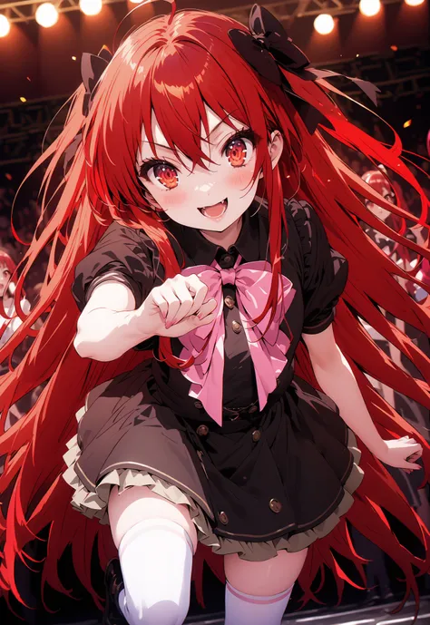 score_9, score_8_up, score_7_up, source_anime,,Shana ,solo, very long hair, red hair, red eyes, stupid hair,small, small ,smile,blush,open your mouth,idol costume,dress,collared dress,jacket,cropped jacket,Short sleeve,bowtie,bow,button,villages with,(whit...