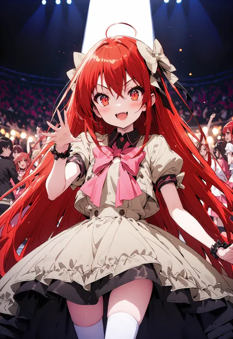 score_9, score_8_up, score_7_up, source_anime,,Shana ,solo, very long hair, red hair, red eyes, stupid hair,small, small ,smile,blush,open your mouth,idol costume,dress,collared dress,jacket,cropped jacket,Short sleeve,bowtie,bow,button,villages with,(whit...
