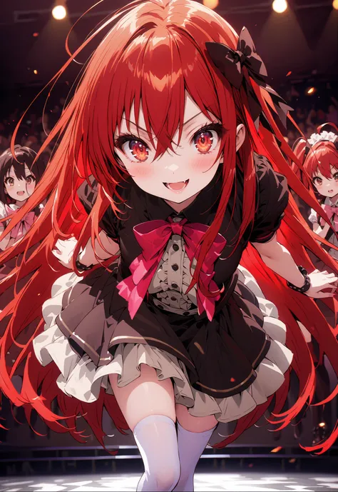 score_9, score_8_up, score_7_up, source_anime,,Shana ,solo, very long hair, red hair, red eyes, stupid hair,small, small ,smile,blush,open your mouth,idol costume,dress,collared dress,jacket,cropped jacket,Short sleeve,bowtie,bow,button,villages with,(whit...