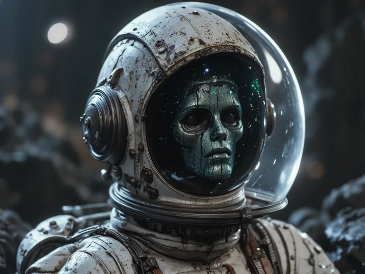 Imagine you are an astronaut lost in space for 7,000 years. The scene should be viewed from a first-person perspective, with the helmet reflecting the stars and the vast emptiness of space surrounding you. The only visible object is your spacesuit, with de...