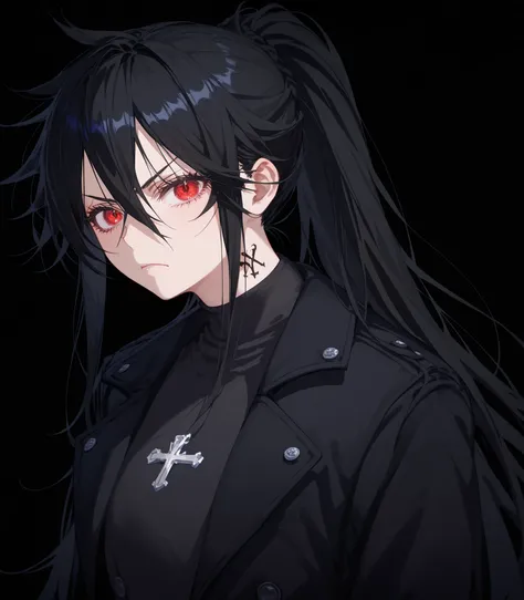 girl,ผมสีดำ, Black hair,in red eyes,black winter dress,Black Shirt,big-breasted dress,Black Coat, Tomboy,slim,good figure,long hair, ponytail,serious page,X on the neck,xBlack,black background,,Anime,Upper Body Shape,Cross Tattoo Neck,Pointed eyes ,Fierce ...
