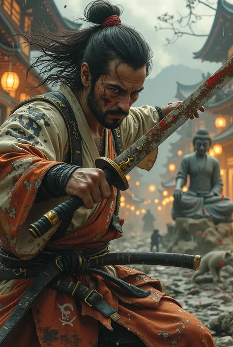Editorial artwork of a rogue samurai in a dynamic sword fight stance, captured in 8K photorealism. His scarred, sweat-slicked face and wild hair (tied with a frayed crimson rag) radiate defiance. He grips a chipped, rusted katana (oxidized blade, fingerpri...