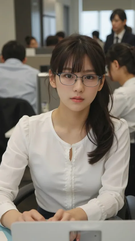 A photorealistic image from the point of view of a person standing beside a young Japanese woman in her 20s, who is seated at her desk in a busy Tokyo office, working on a laptop. The woman has long black hair tied back with a hair clip, wears glasses, a w...