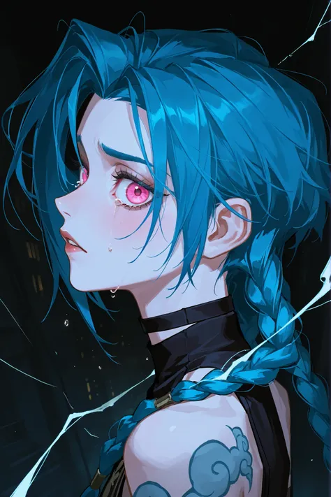 Jinx из Arcane, blue hair, long braids, very big eyes, with her eyes , hands have surprisingly wide patterns, pink eyes , Glass retina, outfit Jinx from Arcana, big plump lips, rosy cheeks, turns red , sadness, tears, scream , shine, better quality, Gla...
