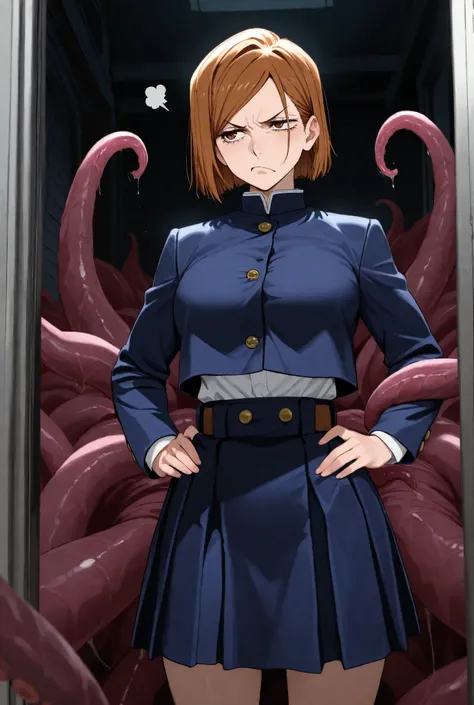 accurate depiction,masterpiece, Best Quality, , absurderes, Perfect Skin, Detailed skin texture, ultra-detailliert, 8K, Intricate details, beautifull detailed face,hight resolution, {1girls, brown hair,kugisaki nobara, annoyed,school uniform},{{tentacles,t...