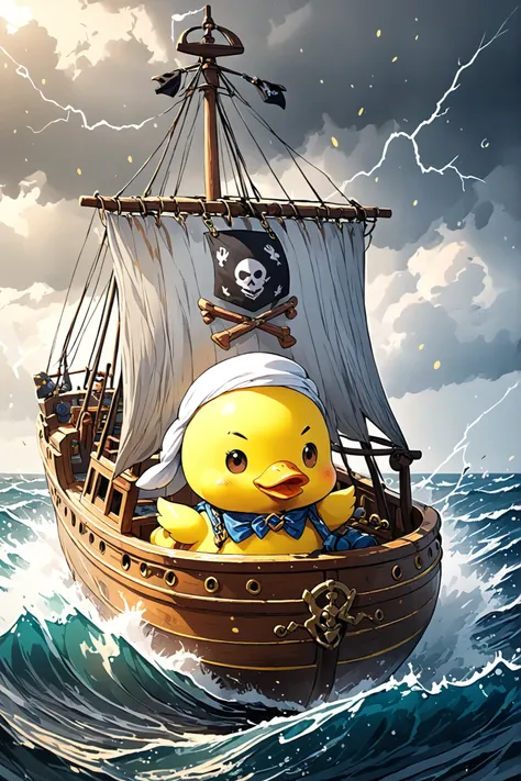 pirate duck boat that sails in the sea of Taiji、realな描写、Yellow Duck Boat、thrilling work、大storm、thunderが海に落ちる、Impressive work 、cute yellow pirate duck boat high quality,4K,real,フォトreal,Masterpiece,ULTRA DETAILS,HDR,UHD,Studio Lighting,ultra fine painting,Sh...