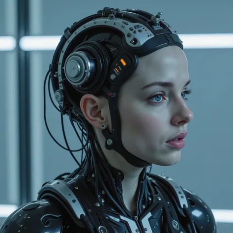((ultra sharp cinematic cyborg photo, photorealistic fullbody sideview)) of erotic young ((((((fullbreasted)))))) evil ((Sharon Engert)), (((turning head half to side, looking into camera))) in electroexperiment, tight waist, ((((((enormous huge round brea...