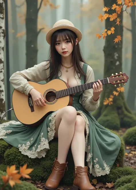 With the misty forest in the background、 has an enchanting presence 、 High quality 3d rendering of a cute girl , Sitting in a mysterious forest. Fair-skinned girl , DARK GREEN EYES, wearing a chain hat , And autumn leaves. She was wearing a green dre...