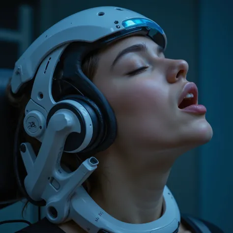 Masterpiece photo, photorealistic view of a young woman wearing a brain-link interface helmet with a modern design, getting a maximum orgasm, closed eyes, wide open mouth. ((((highly detailed)))), UHD, 16K