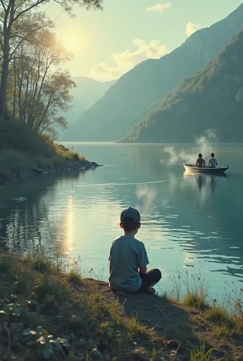 A boy sitting on the bank of the river with a Smoke is blowing from the cigarette waiting for the boat to arrive on the . The river is tranquil and Infinity . The boy has a cap on his head and a girl has seat on the boat