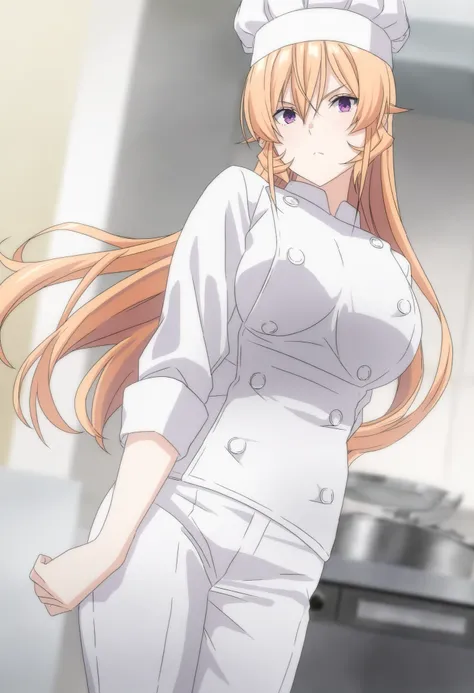 masterpiece,best quality,Nakiri Erina, long hair,blonde hair,hair between eyes,purple eyes,chef, chef uniform, buttons, white pants, shoes,
chef hat,,, standing 