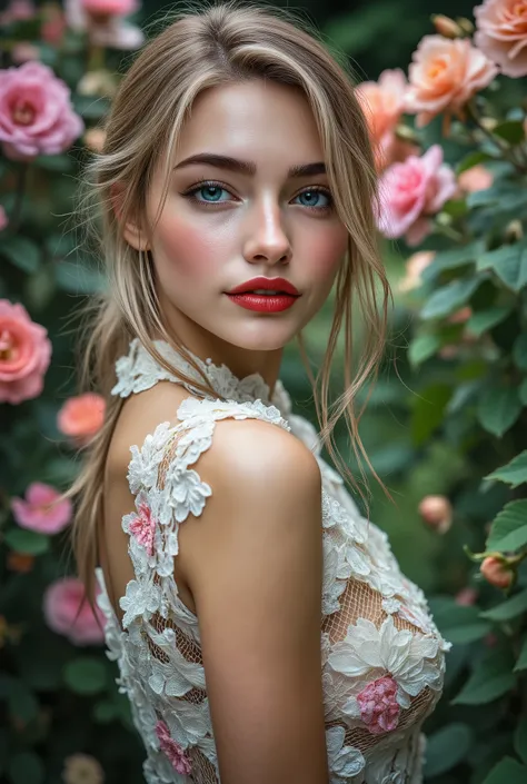 Realistic ((Photorealistic realism)), Hyper high resolution, ((Hyper insanel quality, epice masterciece, intricately detailed digital art)),((focus on extremely Realistic Proportion Body:1.3),"Portrait of {a woman with blue eyes, wearing a dress, standing ...