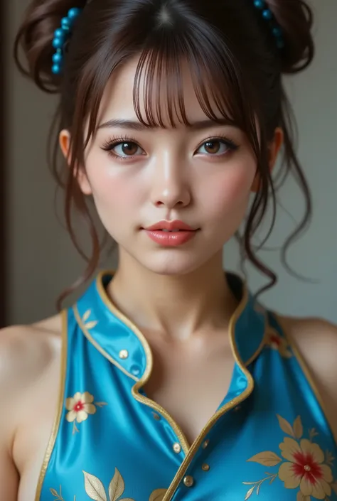 A stunning 8K RAW image captures a mesmerizing 近い-up of a ((緊縛))、((ビニールひもで吊るされた:1.3))、((縛られた:1.3)), Chun-Li from Street Fight II,perfect chun li costume,Blue cheongsam with gold lines,Bun head,bun cover,fighting pose,masterpiece、1 beautiful girl、fine eyes、...