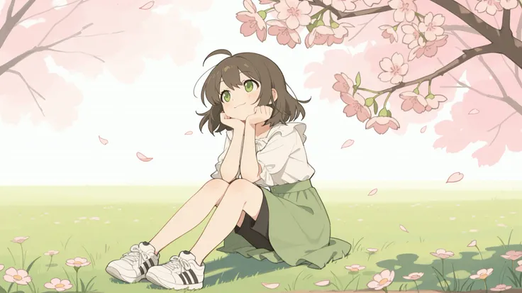 masterpiece, best quality, newest, absurdres, highres,look at the view,
short dark brown hair, ahoge, shiny green eyes, 1girl, solo, peaceful and happy expression, soft smile, soft blush, sitting on the grass in a spring garden or park, surrounded by bloom...