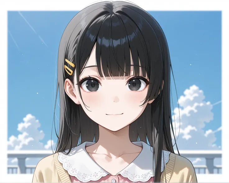 score_9, score_8_up, score_7_up, masterpiece, best quality, detailed face, detailed eyes, 1 girl, solo, beautiful, slender, flat chest, youthful, young, short,

long hair, hime cut bangs, tidy bangs, black hair, straight hair, yellow clips, black eyes, cut...