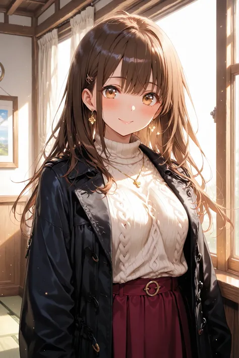 Vertical configuration. Single young woman, The same character as the previous image, she stands quietly near the window in the early morning light. she's been a long time, has straight dark brown hair that reaches her shoulders、is the only one in the scen...
