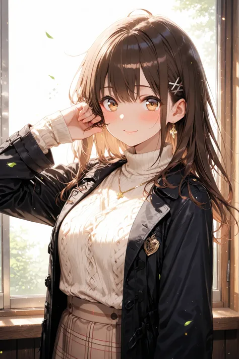 Vertical configuration. Single young woman, The same character as the previous image, she stands quietly near the window in the early morning light. she's been a long time, has straight dark brown hair that reaches her shoulders、is the only one in the scen...
