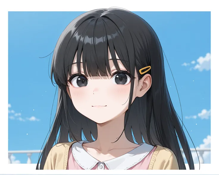 score_9, score_8_up, score_7_up, masterpiece, best quality, detailed face, detailed eyes, 1 girl, solo, beautiful, slender, flat chest, youthful, young, short,

long hair, hime cut bangs, tidy bangs, black hair, straight hair, yellow clips, black eyes, cut...